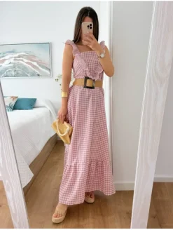 Vestido largo cuadros vichy rosa volante pico (V21)