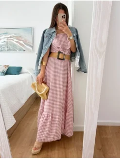 Vestido largo cuadros vichy rosa volante pico (V21)