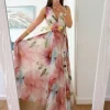 Vestido largo de gasa estampado flores tonos rosas Cósima (V08)