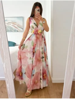 Vestido largo de gasa estampado flores tonos rosas Cósima (V08)
