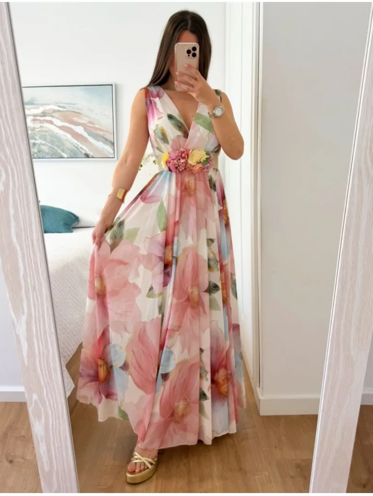 Vestido largo de gasa estampado flores tonos rosas Cósima (V08)