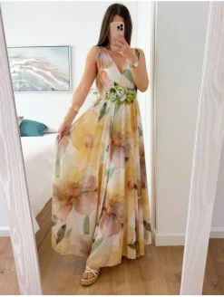 Vestido largo de gasa estampado flores tonos amarillos y verdes Vitaly (V08)