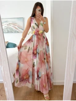 Vestido largo de gasa estampado flores tonos rosas Cósima (V08)