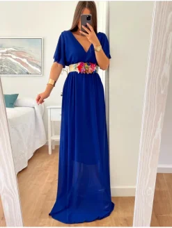Vestido largo gasa AZUL KLEIN con manguita Greta (M14)