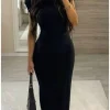 Vestido largo hombreras canalé NEGRO Eliana (V07)