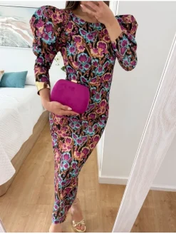 Vestido largo manga abullonada flores multicolor fondo negro Azucena (D18)