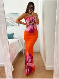 Vestido palabra de honor NARANJA flor malva Peonia (L37)