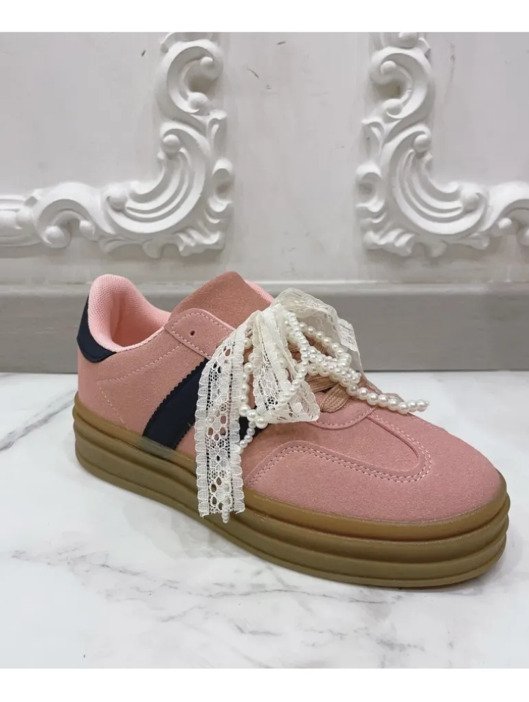 Zapatillas terracota rayas azul marino lazo puntilla yy139 (FSA)